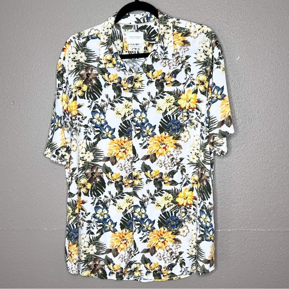 Cactus Man Ricky Singh Mens XL Hawaiian Floral Button Up Shirt Yellow Blue